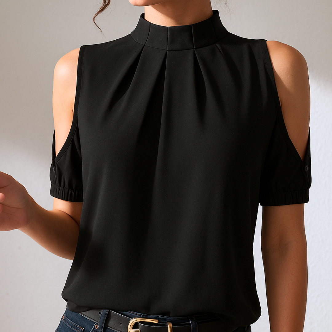 Diana™ - Black Pleated Blouse with Split Sleeves