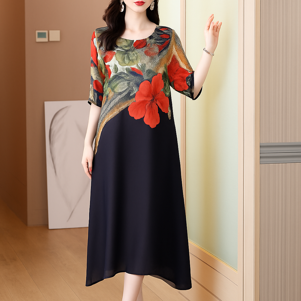 Alba | Women Floral Midi Dress | Asymmetrical & Lightweight