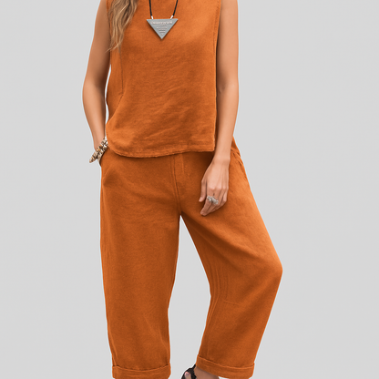Livia | Women Sleeveless Linen Set | Travel-Ready