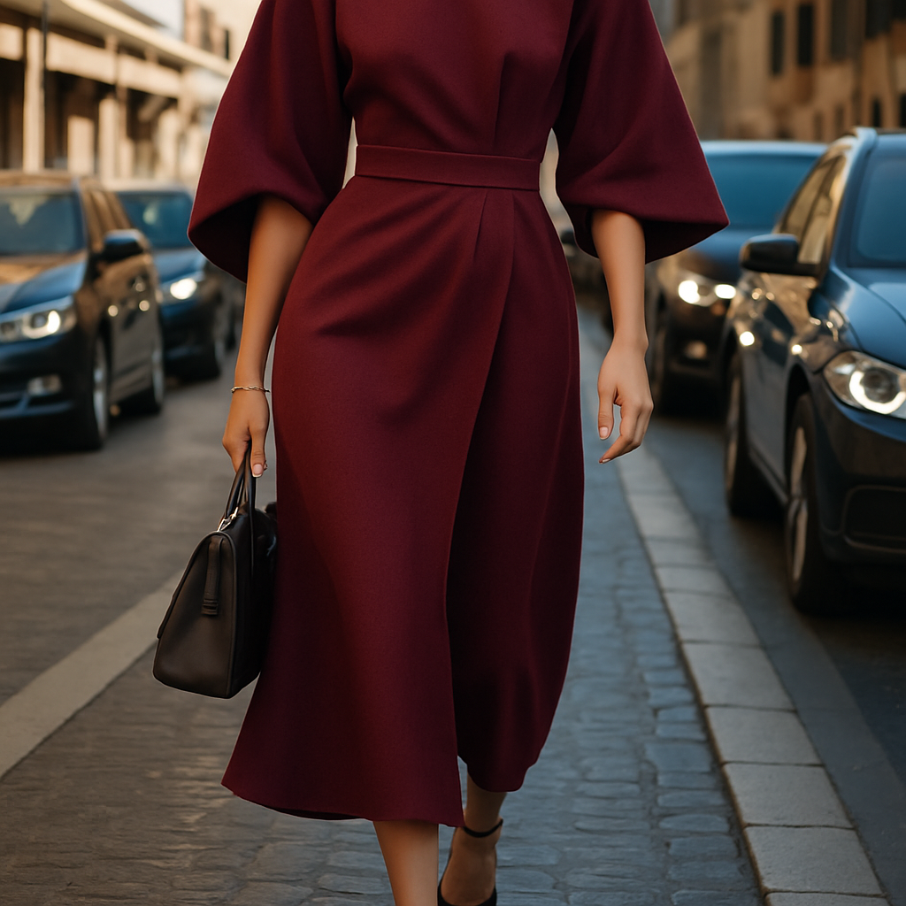 Eliana | Women Elegant Lantern Sleeve Dress | Waist-Belted